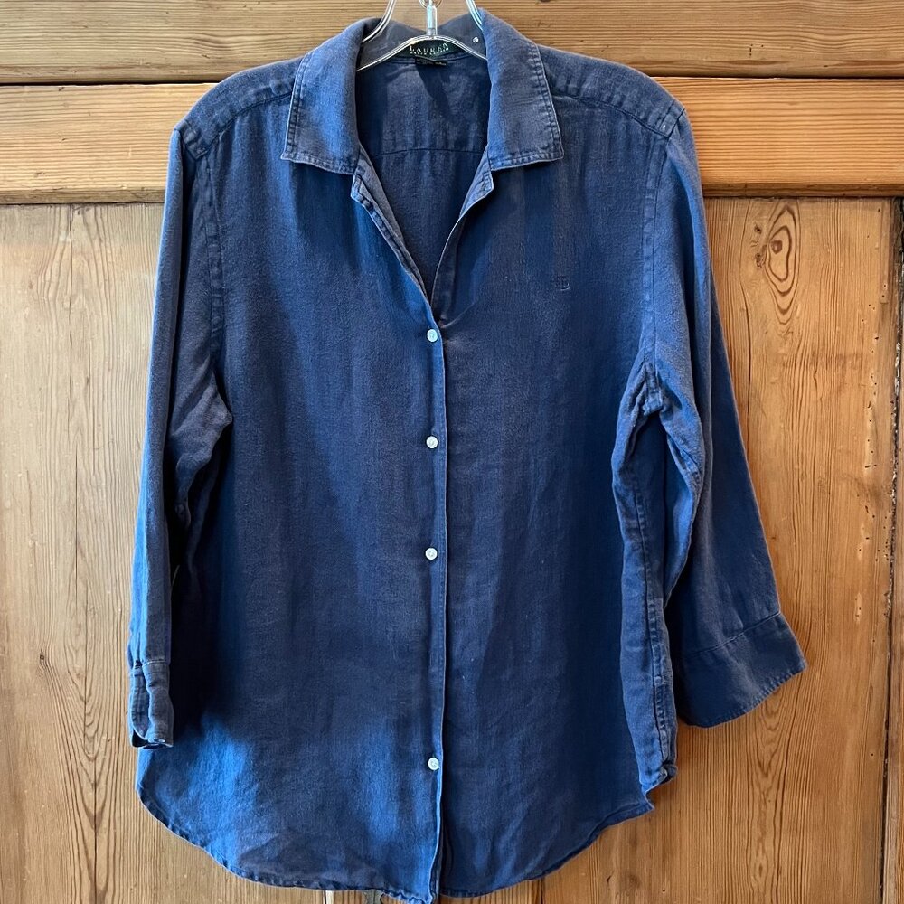 Ralph Lauren 100% Linen Blue Button-Front Shirt Size L